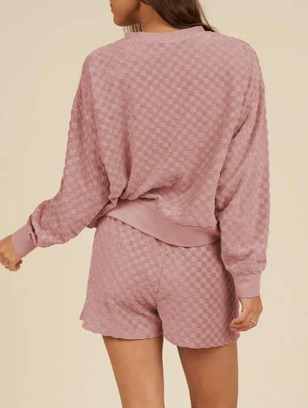 Women's Checkered Textured Long Sleeve Top and Shorts Set