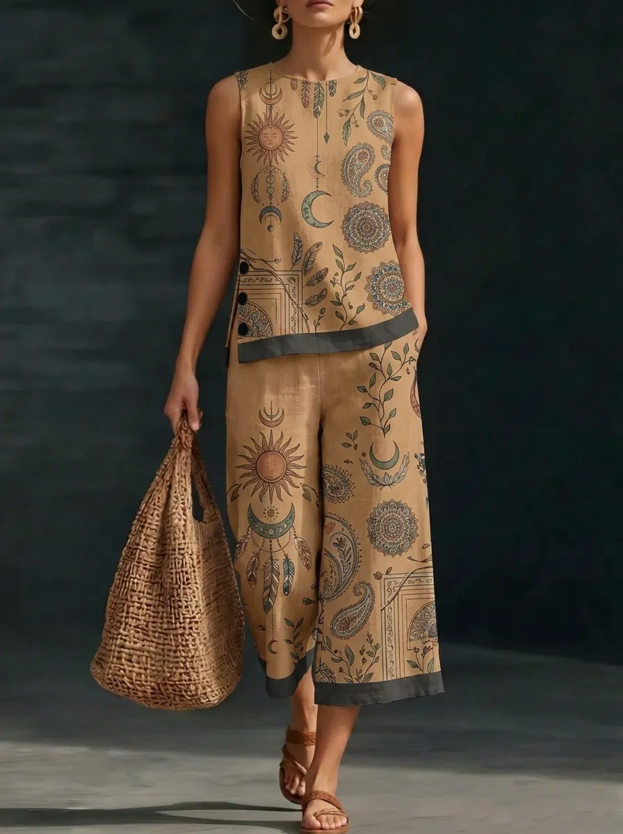 Women's Boho Celestial Sun Moon Paisley Printed Sleeveless Set
