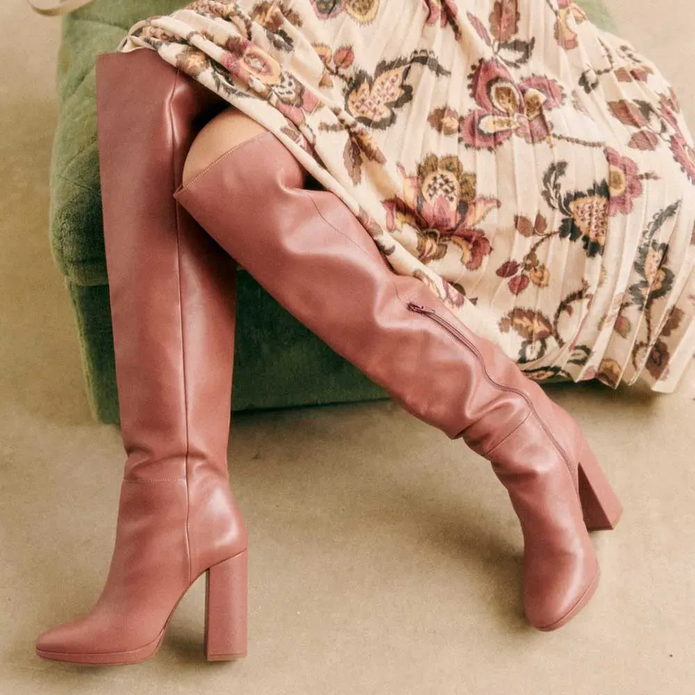 Faux-Leather Snip-Toe Round-Toe Chunky-Heel Over-the-Knee Boots