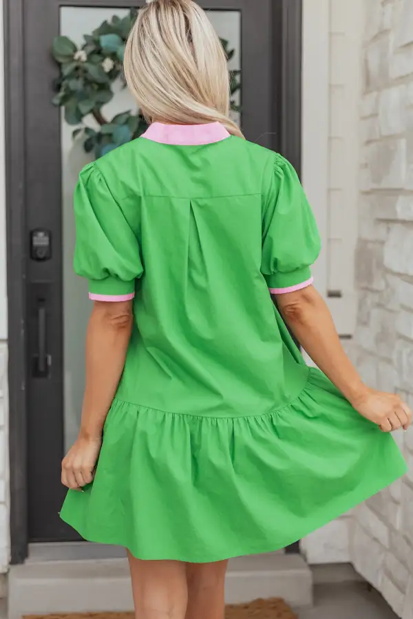 Bright Color Block Detail Split Neck Short Puff Sleeve Ruffle Hem Mini Dress