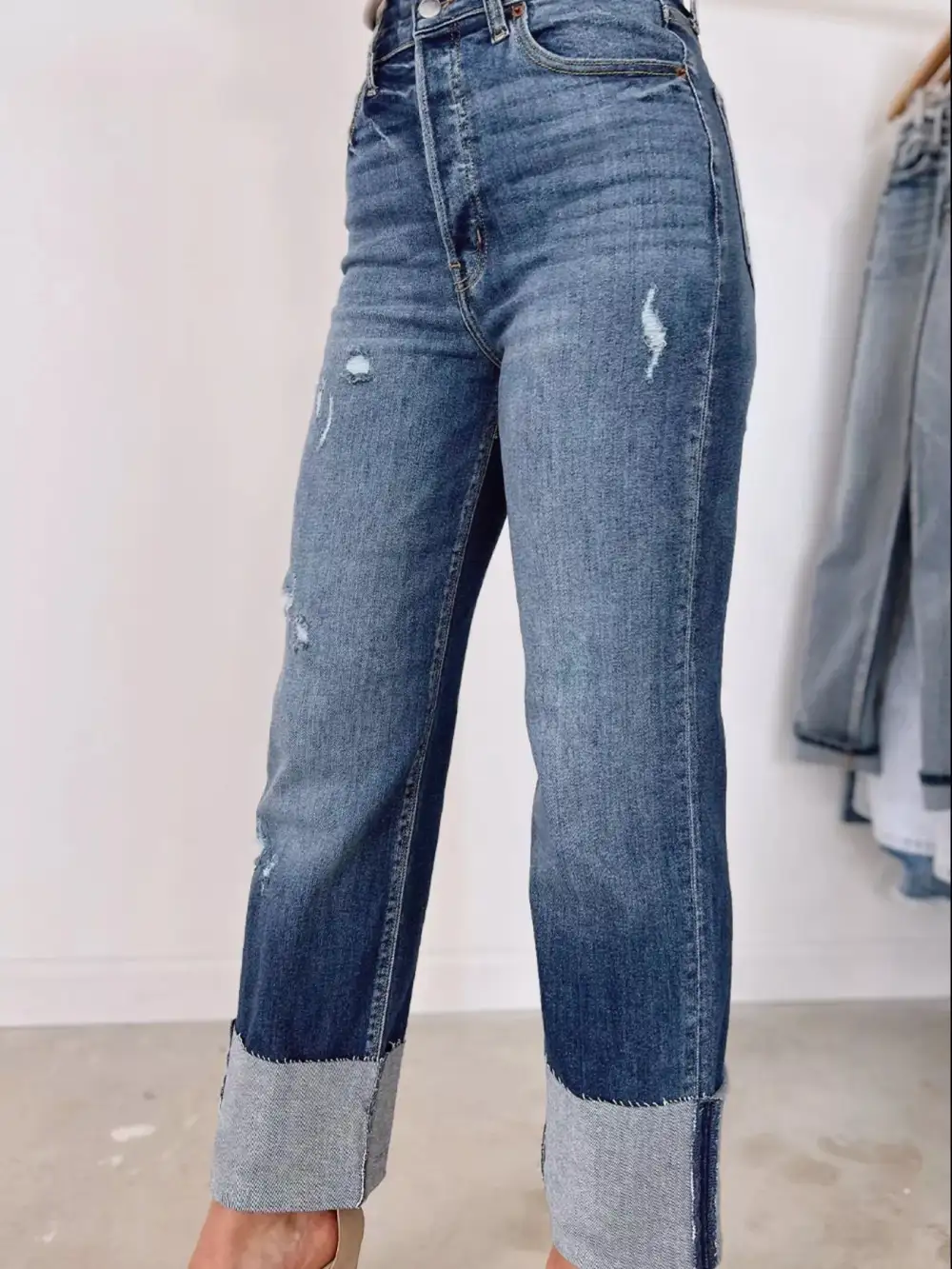 Washed High Waist Straight Leg Distressed Denim Jeans