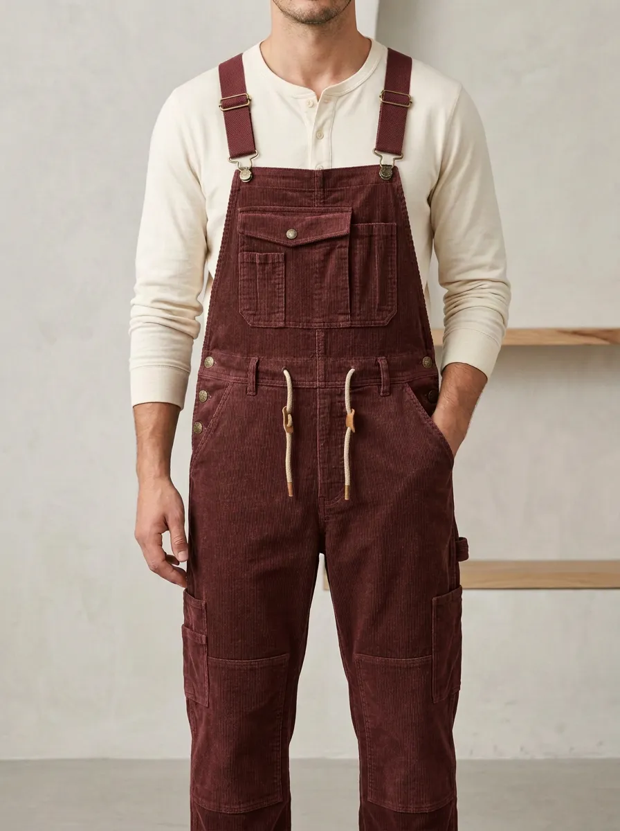 Men's Casual Olive Green Corduroy Cargo Overalls
