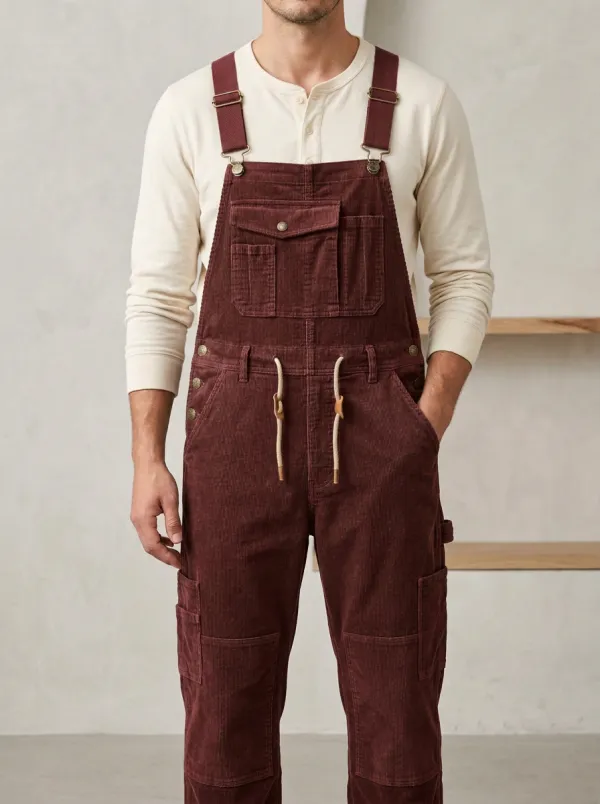 Men's Casual Olive Green Corduroy Cargo Overalls
