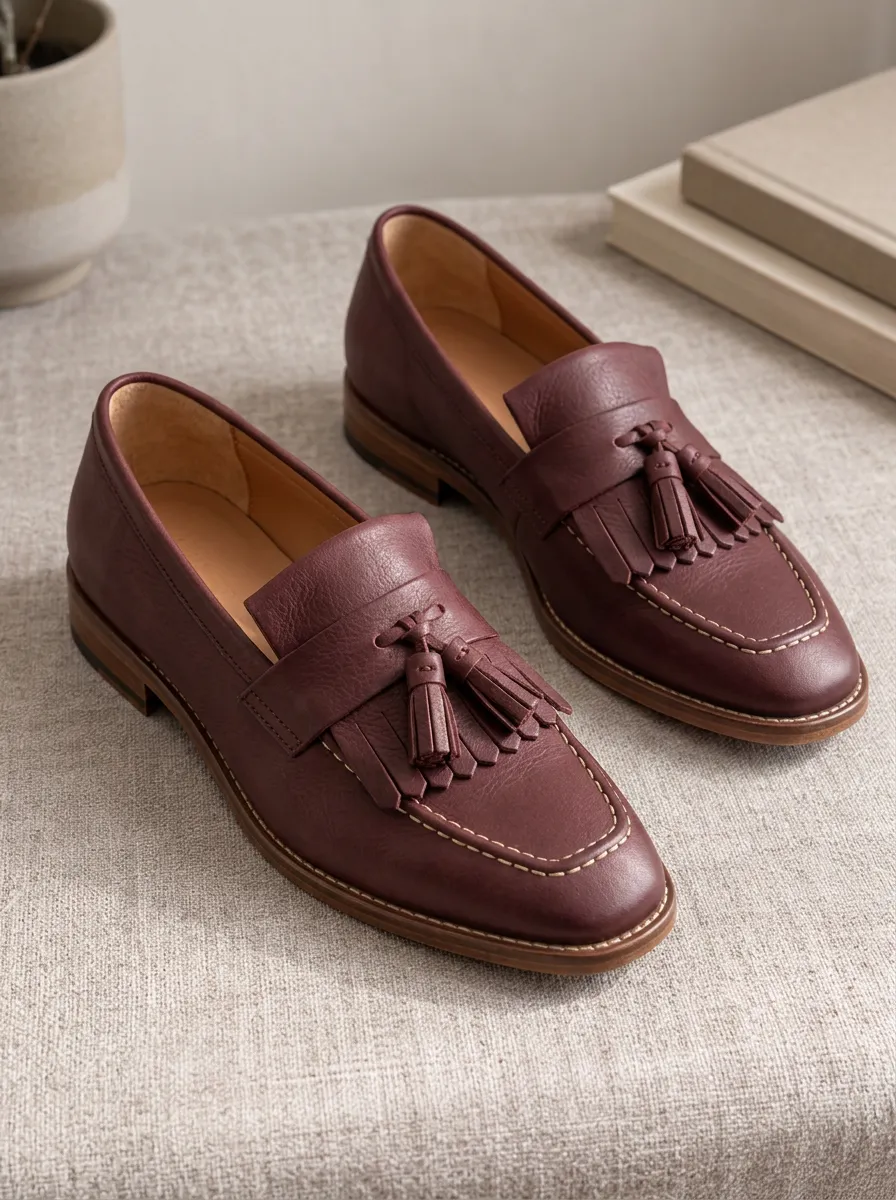 Unisex Burgundy Leather Tassel Fringe Loafers