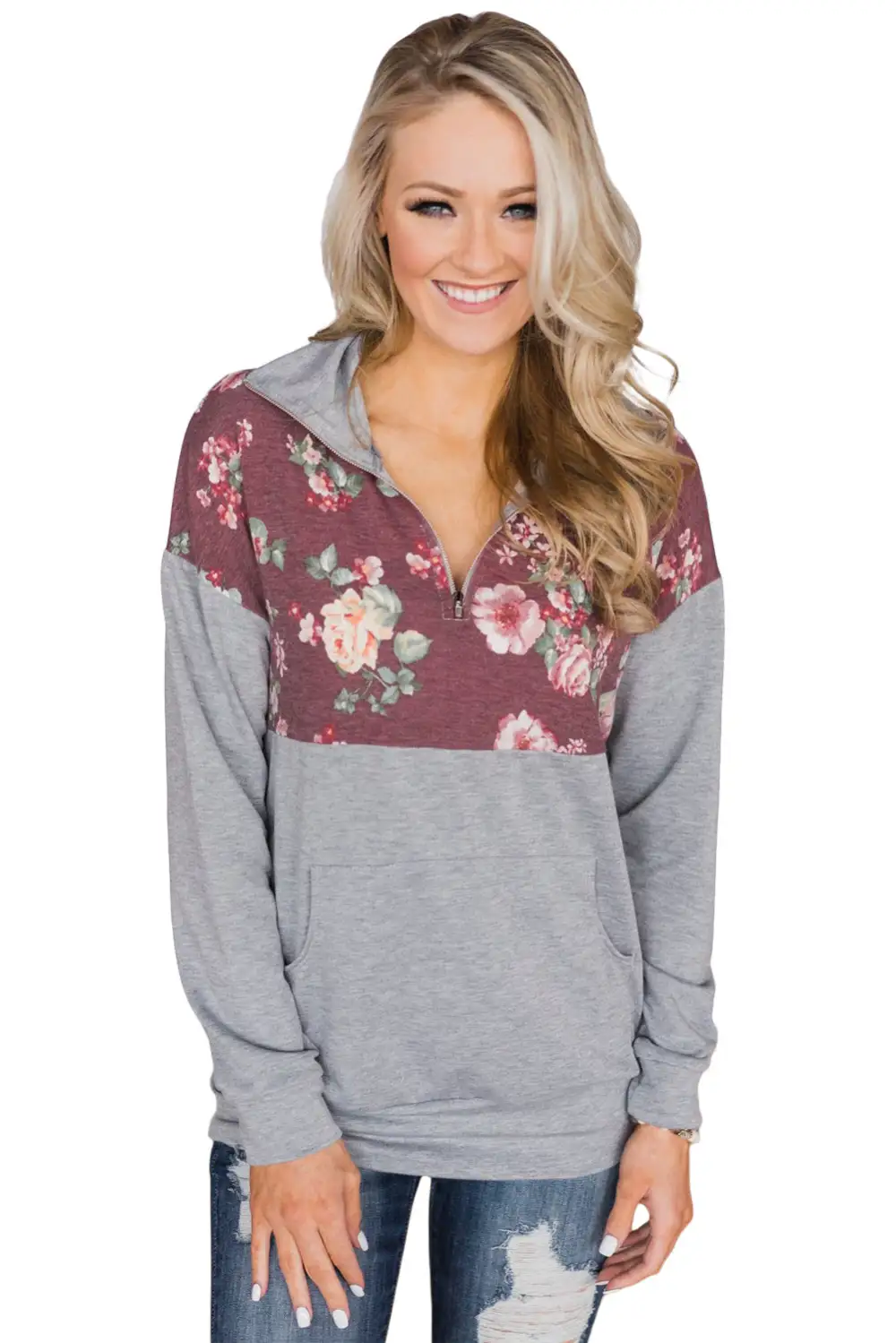 Floral Splice Kangaroo Pocket Zip Collar Sweatshirt