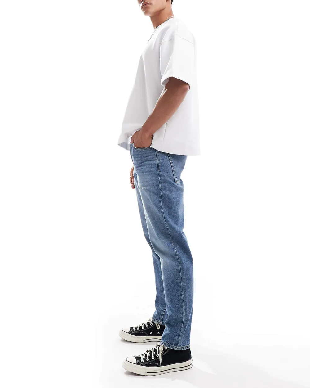 Tapered Jeans With Abrasions In Midwash Blue