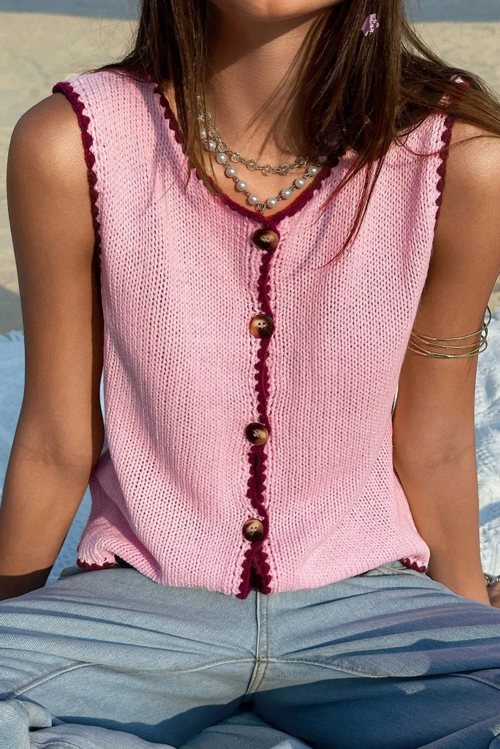 Contrast Trim Button Front Sweater Vest