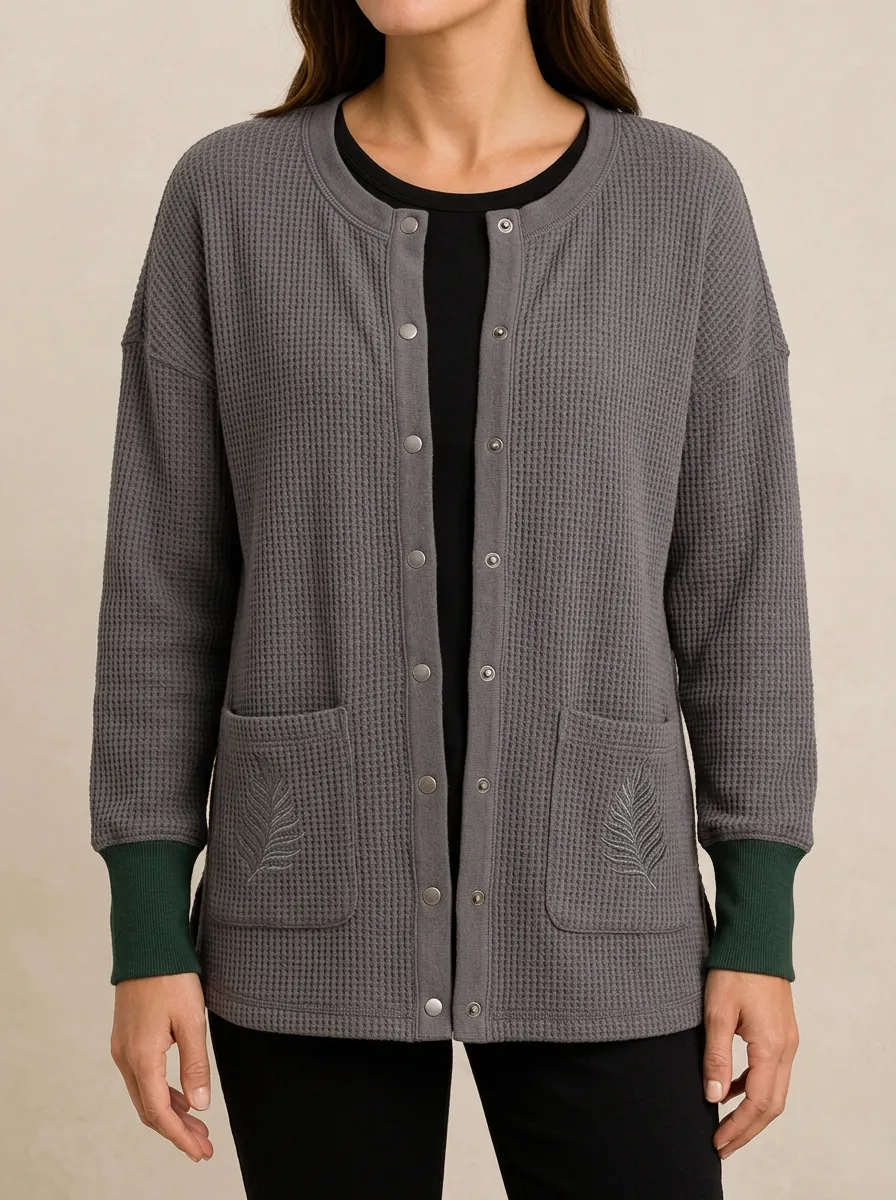 Women's Leaf Embroidery Waffle Knit Snap Button Top