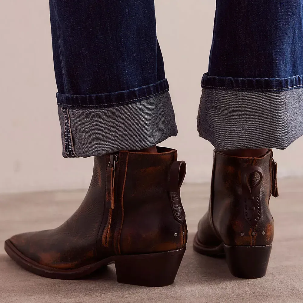 Faux-Leather Studded Zip-Up Pointed-Toe Western Boots