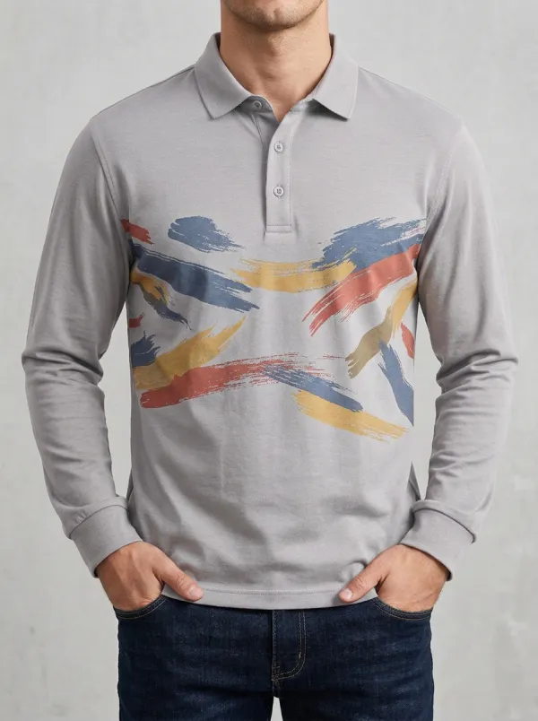 Men's Abstract Brushstroke Pattern Printed Long Sleeve Polo Shirt