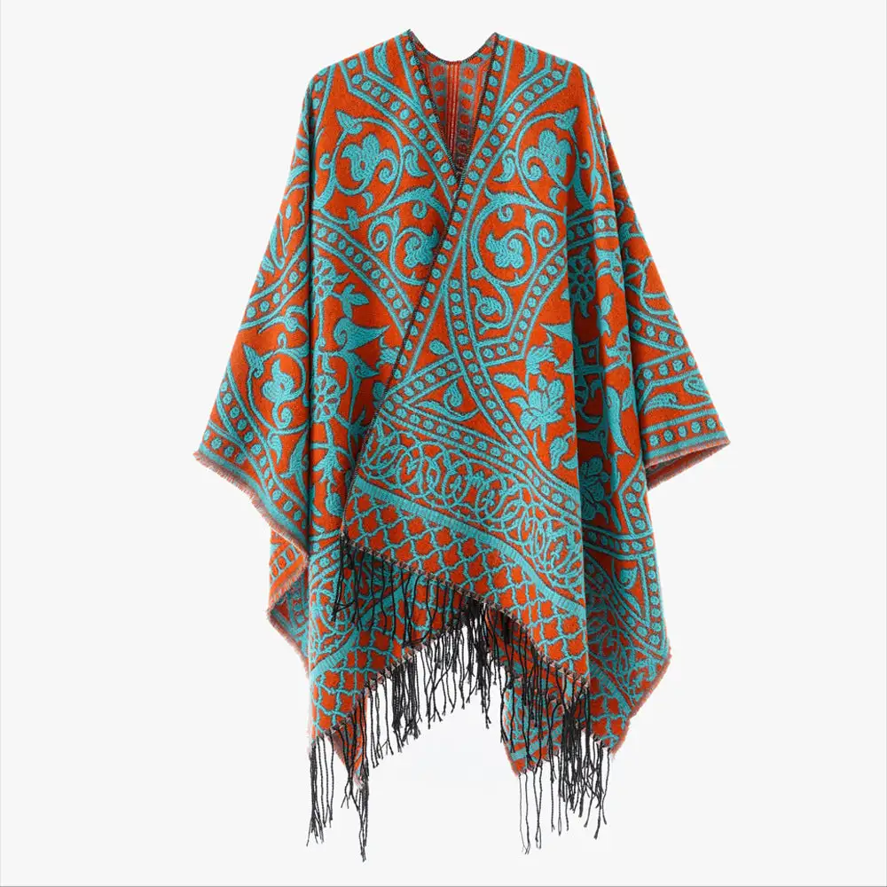 Jacquard Ornamental Fringed Poncho Wrap