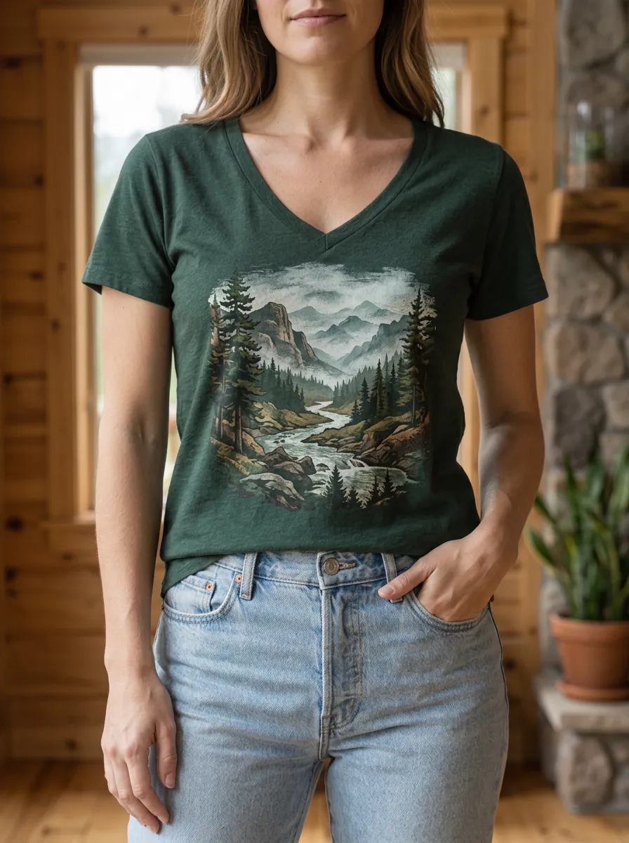 Women's Landscape Nature Lover Mountain River Forest V-Neck T-Shirt