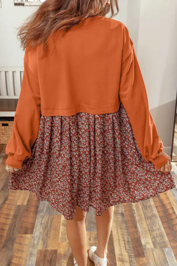 Women's Floral Print Solid Flared Patchwork Mini Dress