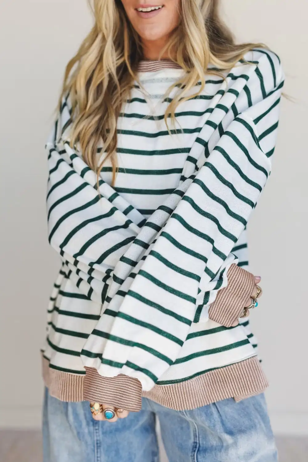Striped Patchwork Ribbed Crewneck Sweatshirt