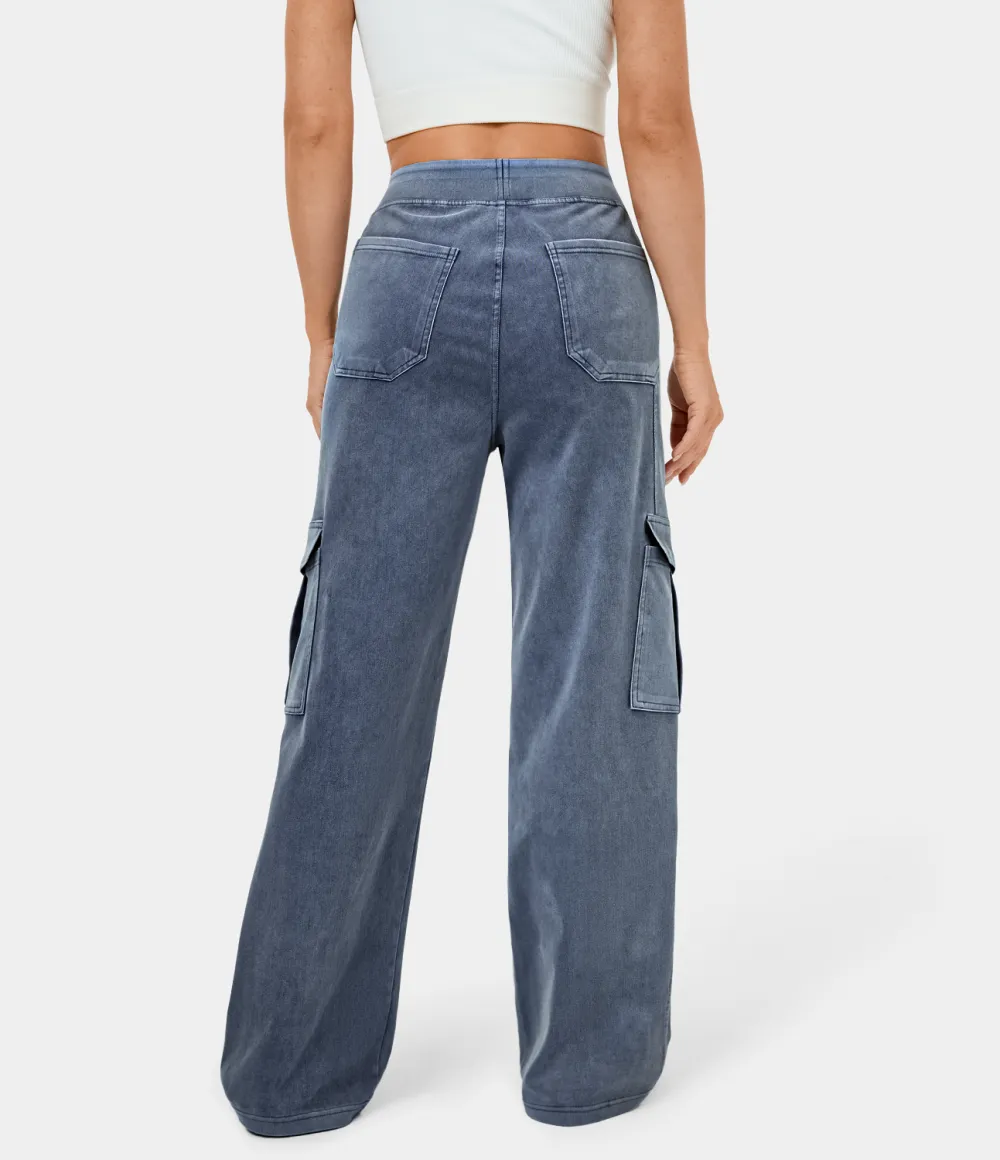 Magic Mid Rise Multiple Pockets Straight Leg Stretchy Knit Casual Cargo Jeans