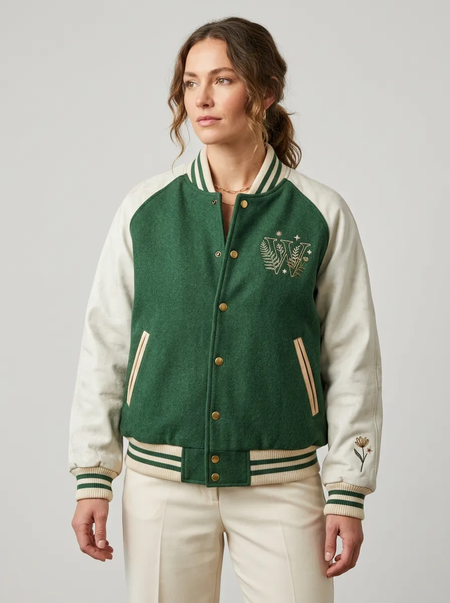Women's Botanical W Letter Floral Printed Varsity Jacket