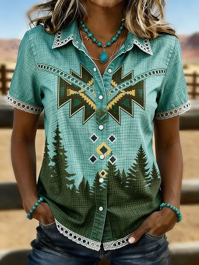 Women's Southwestern Aztec Forest Print Lace Trim Western Shirt