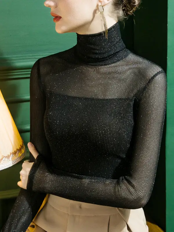 Long Sleeve Curve Fit Sheer Sequined Panel Detail High Neck T-Shirt