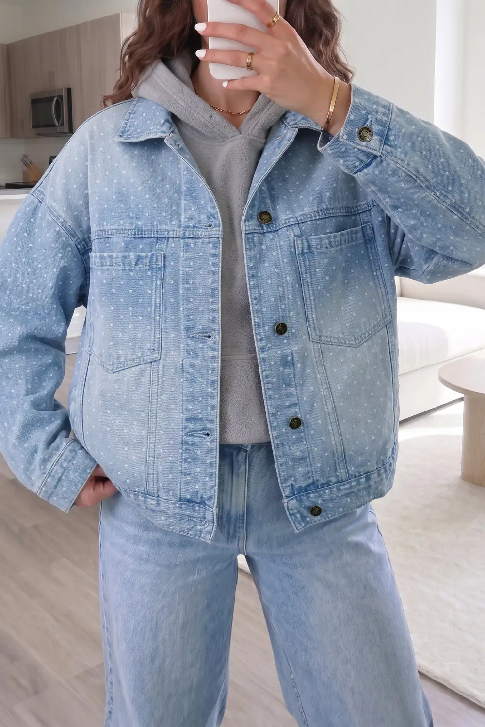 Refined Collared Denim Polka-Dot Pocketed Jacket