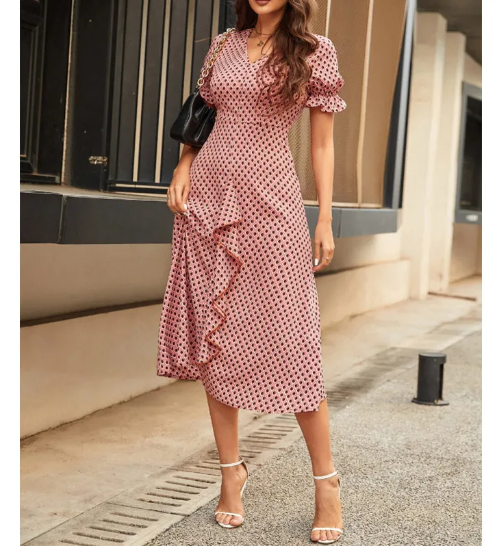 V-Neck Flounce Sleeve Midi Dress