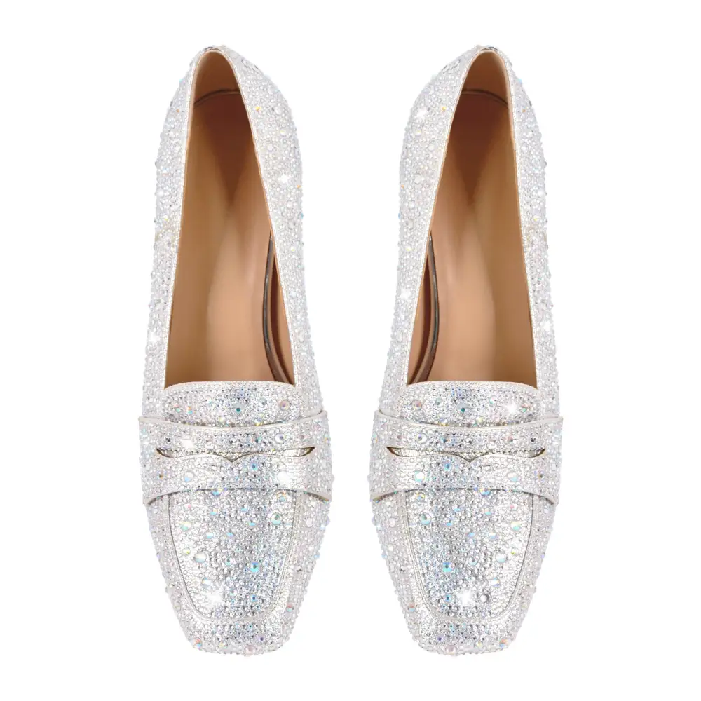 Rhinestone Square Toe Chunky Heel Pumps