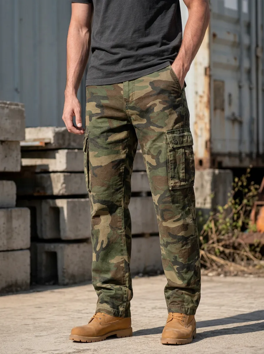 Men's Workwear Desert Camo Button-Flap Pocket Straight Leg Cargo Pants