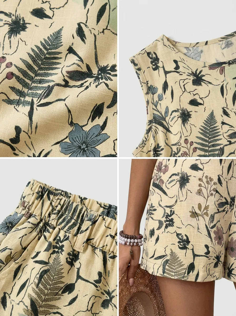 Women's Botanical Floral Fern Printed Sleeveless Short Set