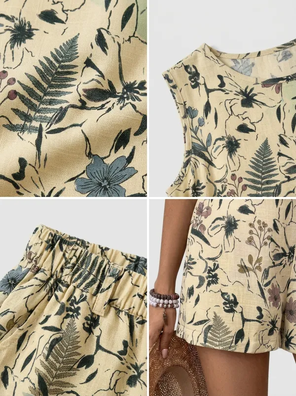 Women's Botanical Floral Fern Printed Sleeveless Short Set