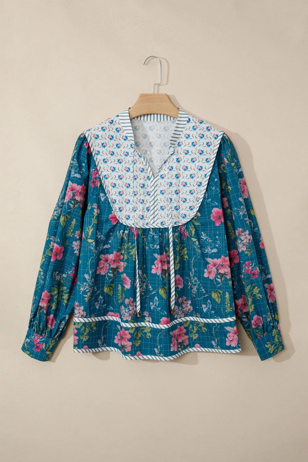 Sky Blue Floral Print Contrast Blouse