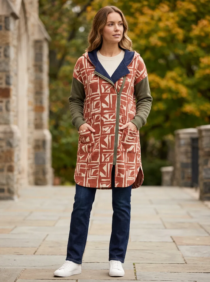 Women's Geometric Pattern Waffle Knit Hooded Printed Cardigan