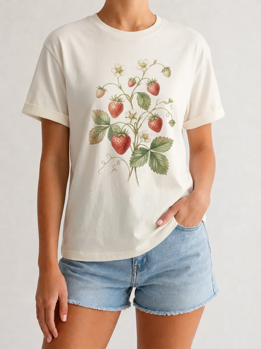 Women's Strawberry Botanical Graphic T-Shirt Crewneck