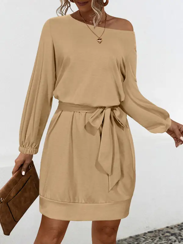 Long Sleeve Relaxed Elasticity Solid Color Tied Waist One Shoulder Mini