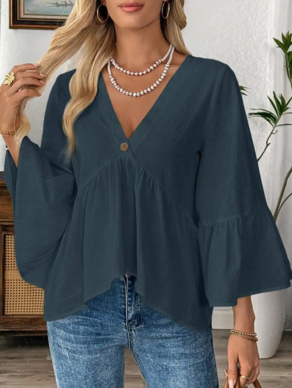 V-Neck Ruffle Sleeve Cotton Top
