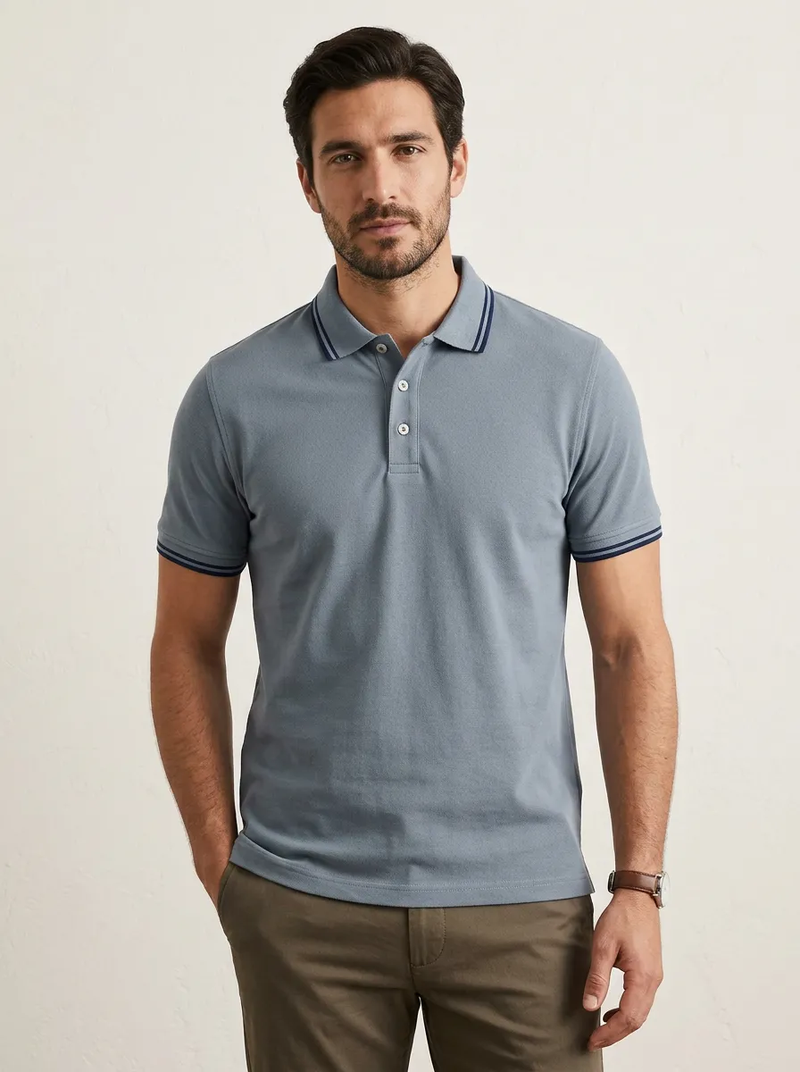 Men's Casual Blue Tipped Collar Striped Cuff Polo Shirt