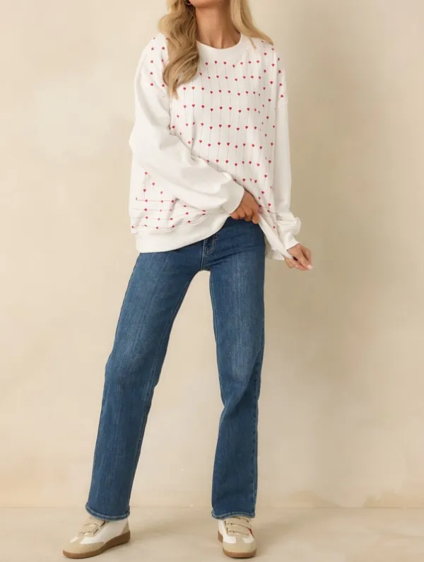 White Embroidered Heart Crewneck Sweatshirt