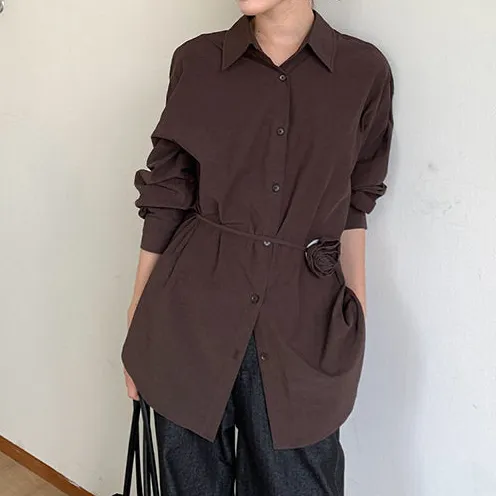 Streamlined Flower Print Tie Waist Slim Fit Long Sleeve Shirt