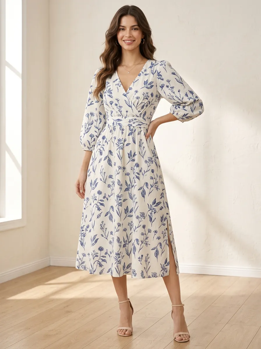 Women's Creative Botanical Floral V Neck Printed Midi Dress