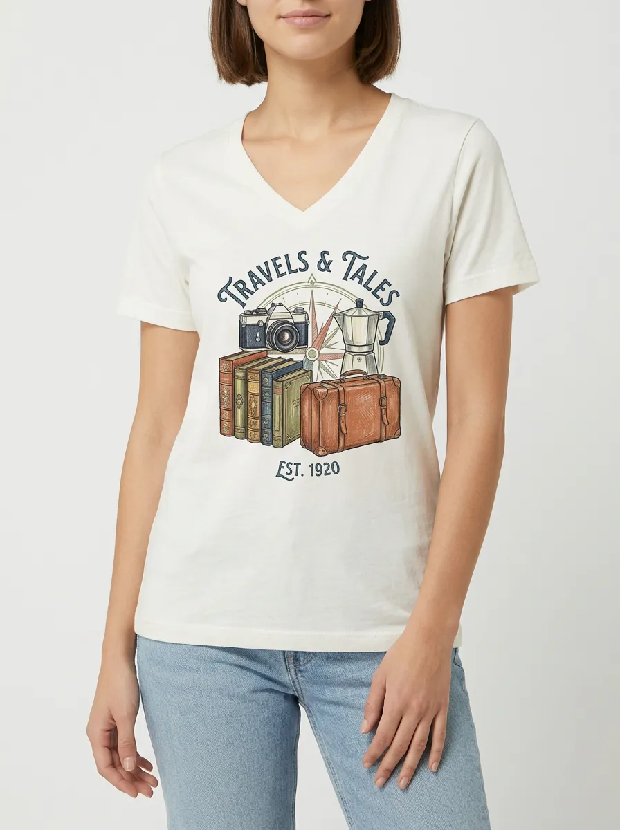 Women's Travel Compass Camera Books Graphic V-Neck T-Shirt