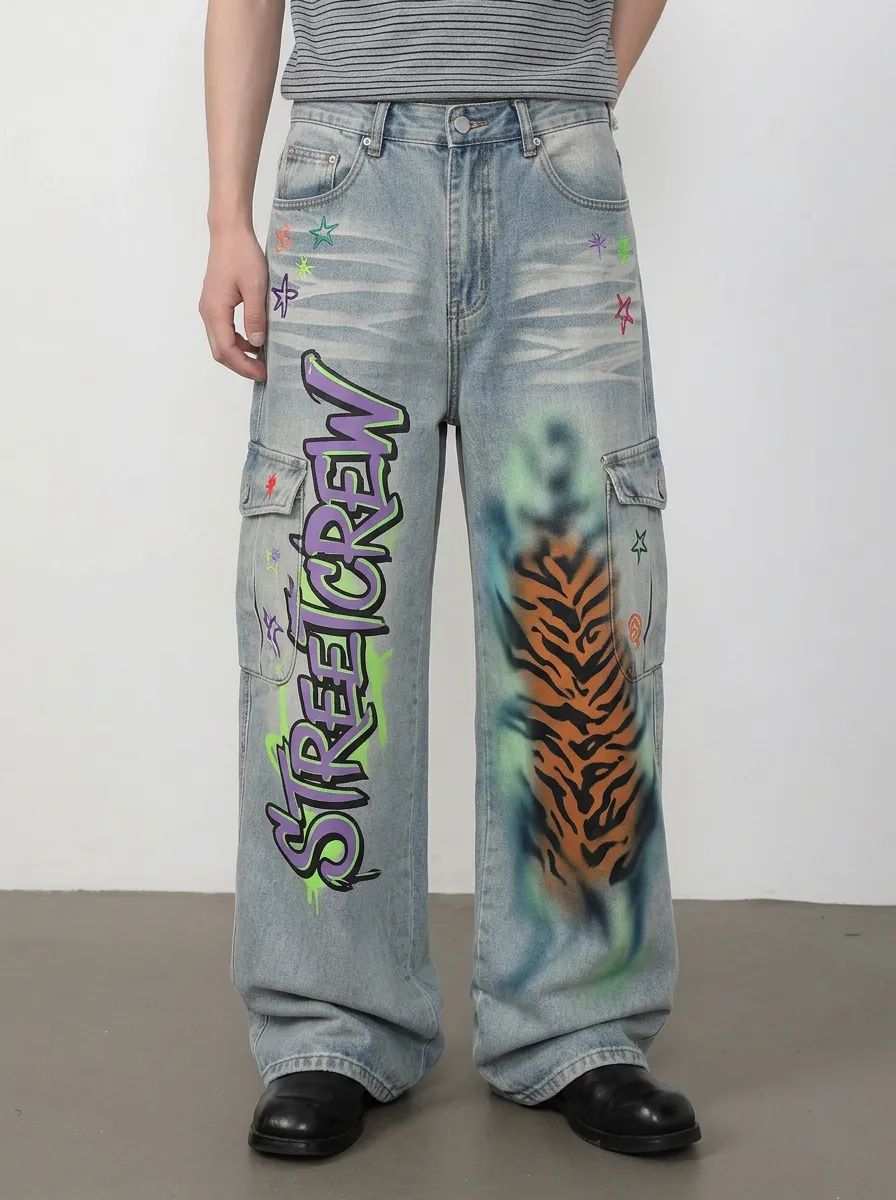 Men's Graffiti Tiger Star Graphic Cargo Jeans