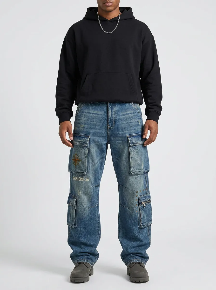 Men's Compass Graphic Distressed Denim Printed Cargo Jeans