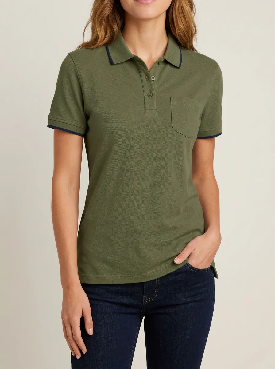 Women's Olive Green Contrast Trim Pocket Polo Shirt
