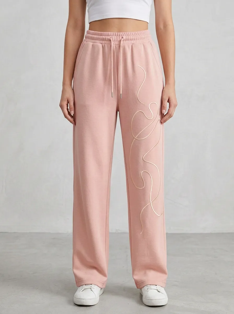 Women's Beige Embroidered Detail Wide-Leg Sweatpants