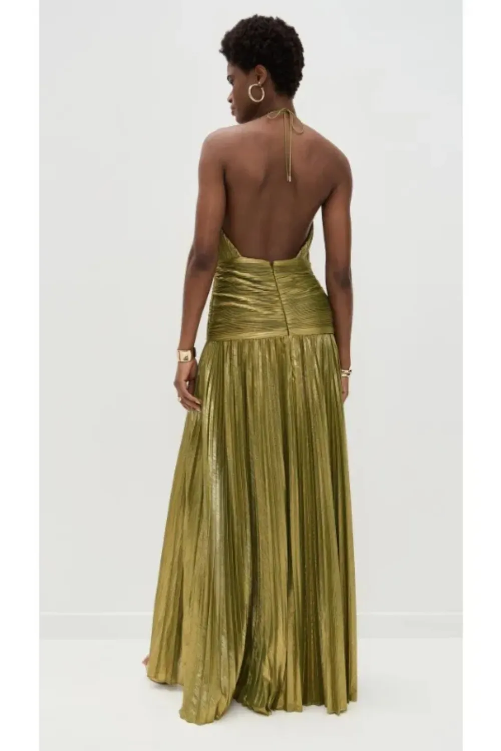  Halter Neck Pleated Satin Maxi Dress