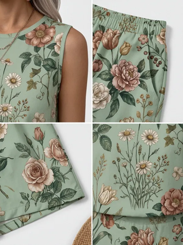 Women's Botanical Garden Floral Printed Sleeveless Shorts Set
