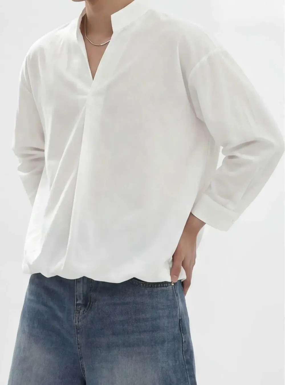 Cuffed Hem V-Neck Shirt