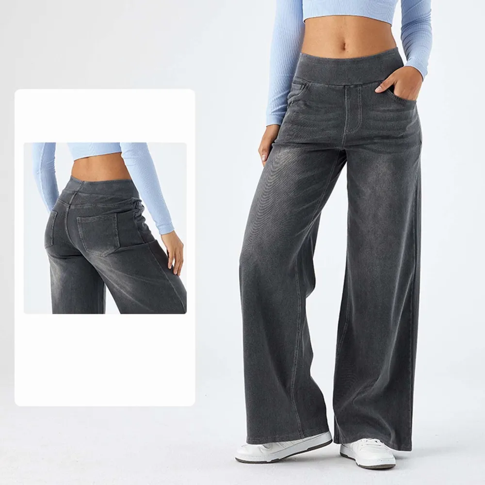 2026🔥  High Waisted Multiple Pockets Baggy Wide Leg Washed Stretchy Knit Casual Jeans