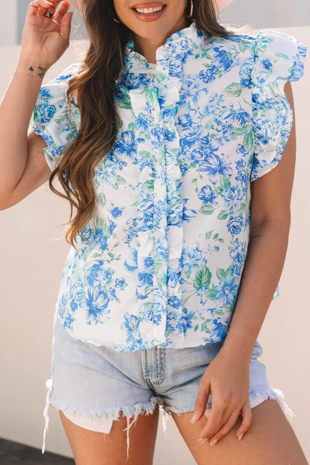 Floral Ruffled Button Front Shirt Blouse