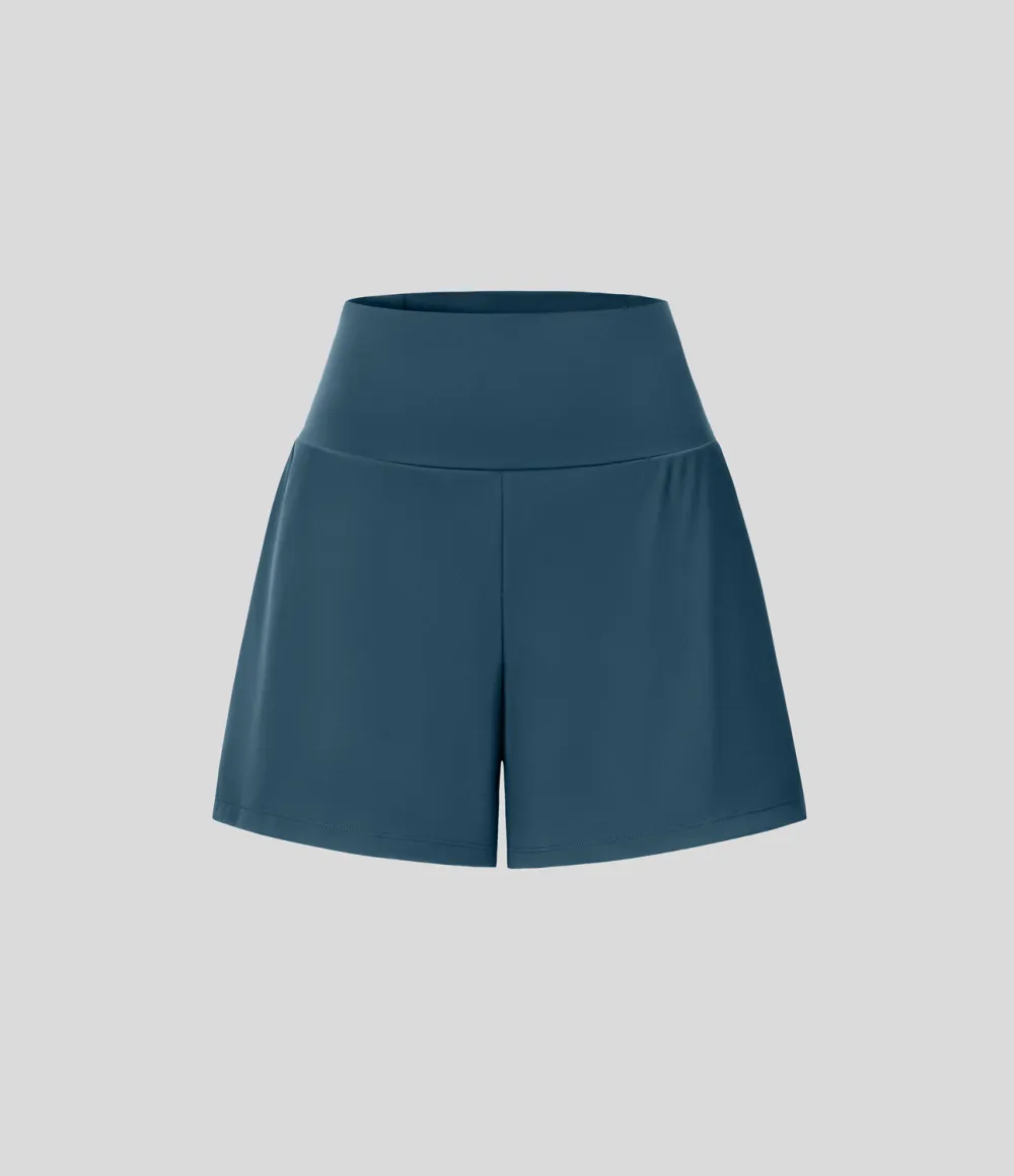 Super High Waisted Back Pocket & Side Hidden Pocket 2-in-1 Yoga Shorts 5''-Longer Length