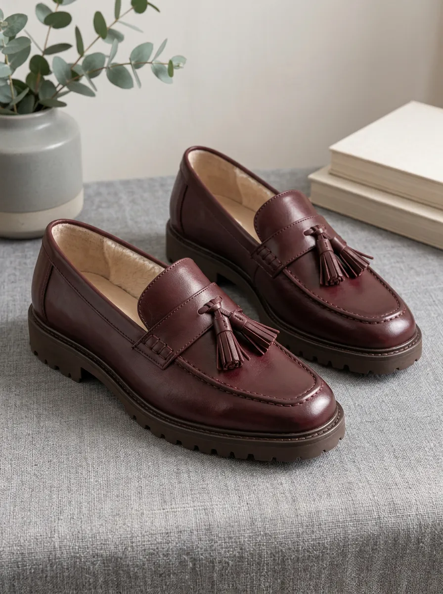 Unisex Burgundy Tassel Faux Leather Lug Sole Loafers