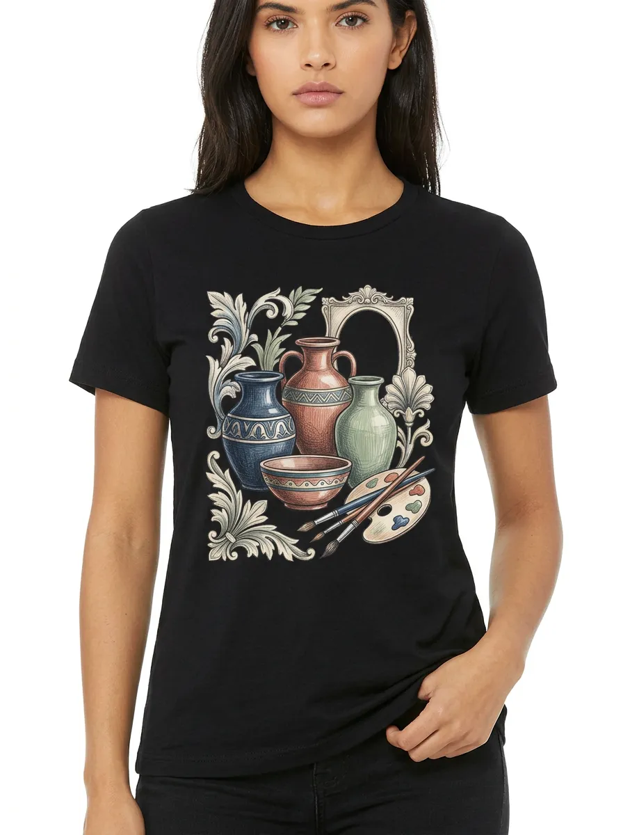 Women's Pottery Artist Lover Vases Paint Palette Printed T-Shirt